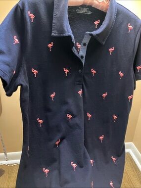 Talbots Navy Polo Top with All Over Embroidered Flamingos Size L